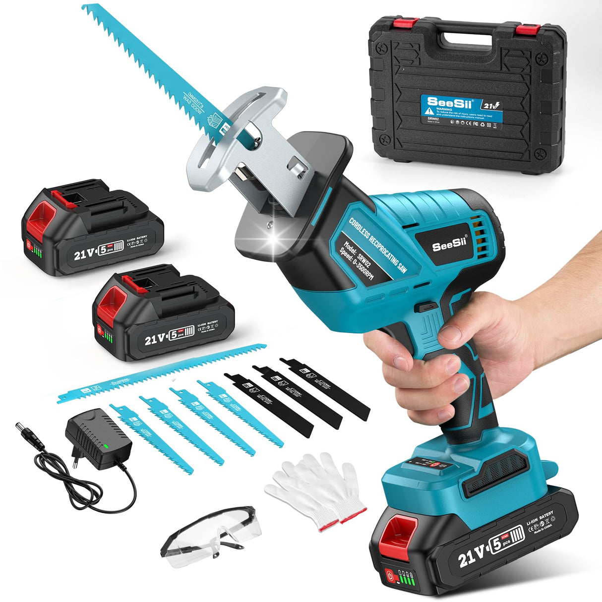 Seesii Reciprocating Saw Cordless, 3500 RPM Brushless Motor with 2 x 4.0Ah Batteries, LED Light, 8 Saw Blades Portable for Wood PVC Cutting (Blue) Seesii