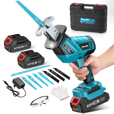 Seesii Reciprocating Saw Cordless, 3500 RPM Brushless Motor with 2 x 4.0Ah Batteries, LED Light, 8 Saw Blades Portable for Wood PVC Cutting (Blue)