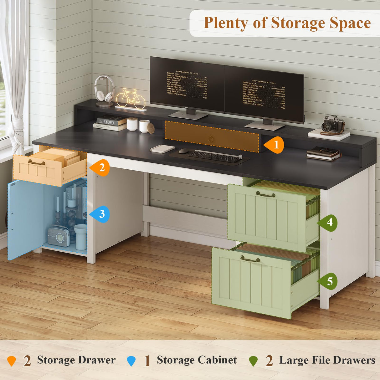 SEDETA Farmhouse 63" Executive Desk, Home Office Desk with File Drawer and Monitor Stand, Computer Desk with Drawers and Storage Cabinet, Wood Desk for Work Study Writing, White SEDETA