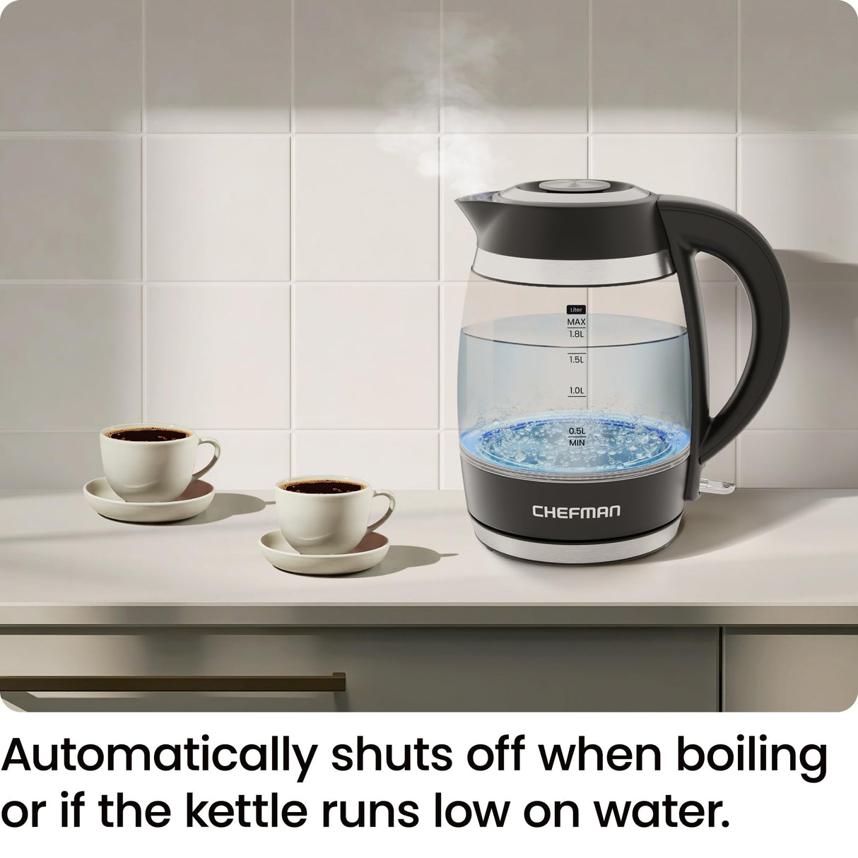 Chefman Electric Kettle, 1.8L 1500W, Hot Water Boiler, Removable Lid for Easy Cleaning, Auto Shut Off, Boil-Dry Protection, Stainless Steel Filter, BPA Free, Borosilicate Glass Electric Tea Kettle Chefman