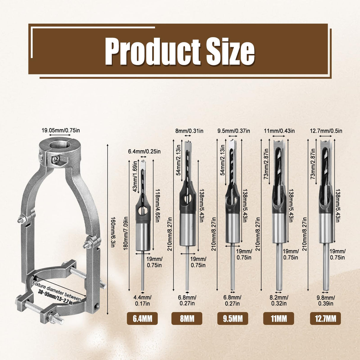 HSOKEW Woodworking Square Hole Drill Bits with Adapter, Wood Mortising Chisel Set Wood Square Hole Mortising Chisel Drill Bit for Mortising Machines (1/4, 5/16, 3/8, 7/16, 1/2) HSOKEW