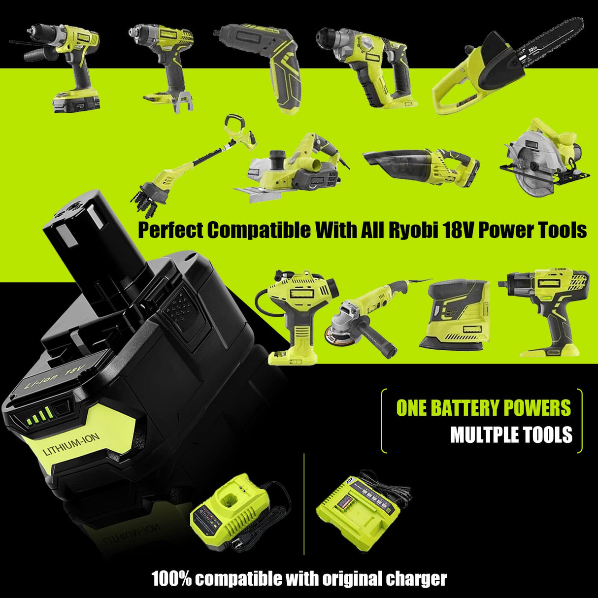 Jialitt 6.0Ah 18V P108 Battery Li-ion Replacement Compatible with Ryobi 18V Battery Ryobi ONE+ P108 P102 P103 P104 P105 P107 P109 P122 Cordless Power Tools Battery with LED Indicator Jialitt
