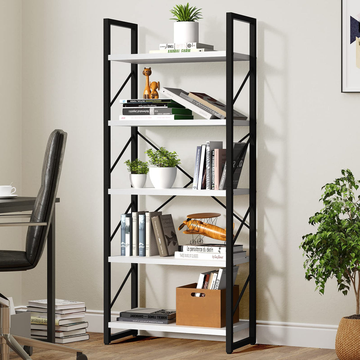 YITAHOME Modern White 5-Tier Bookshelf - Versatile Storage Rack for Home and Office YITAHOME