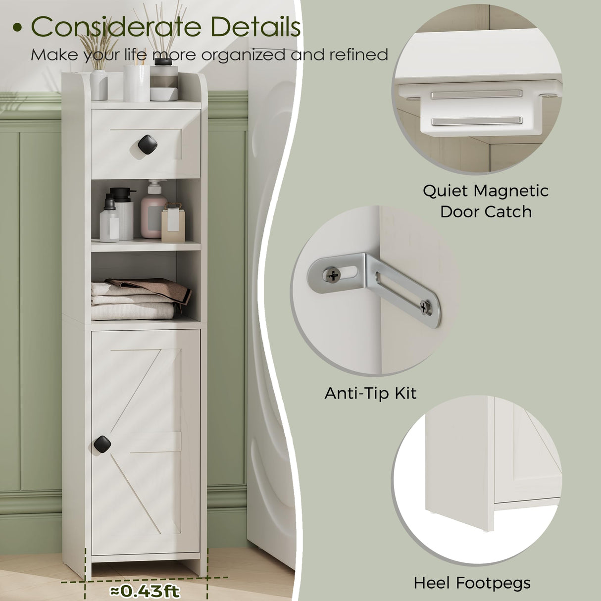 BEWISHOME Bathroom Storage Cabinet, Small Corner Floor Cabinet, Narrow Bathroom Organizers and Storage with Drawer for Small Spaces, 7.9 x 7.9 x 31.5 Inches Antique White YYG05W BEWISHOME