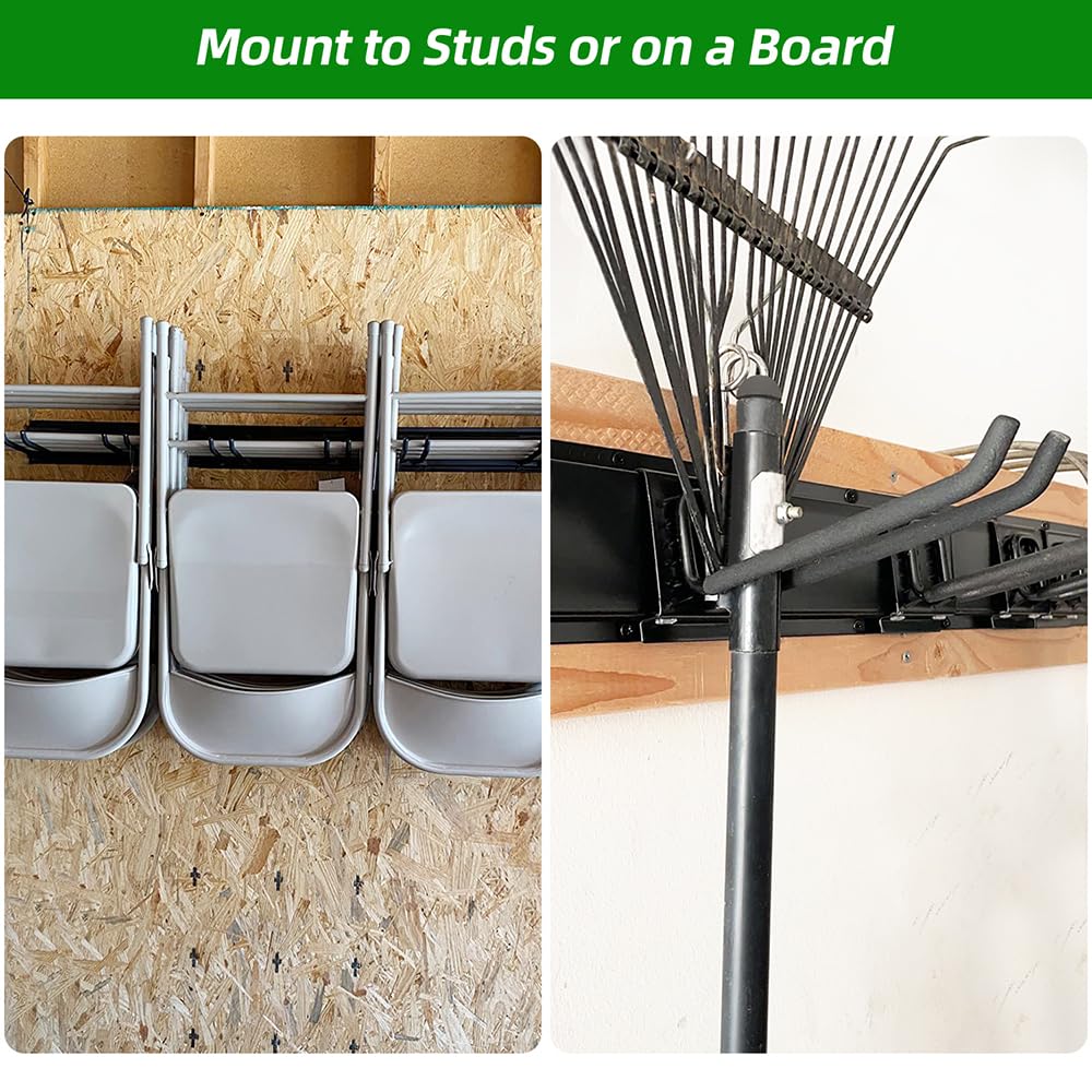 PIYILO Garage Organization, Garage Wall Organizer with 48 inches Rails and 6 Hooks, Tool Organizers Heavy Duty, Shovel Holder Wall Mount Max Load 360 LBS, Sturdy Garden Tool Rack for Folding Chairs PIYILO