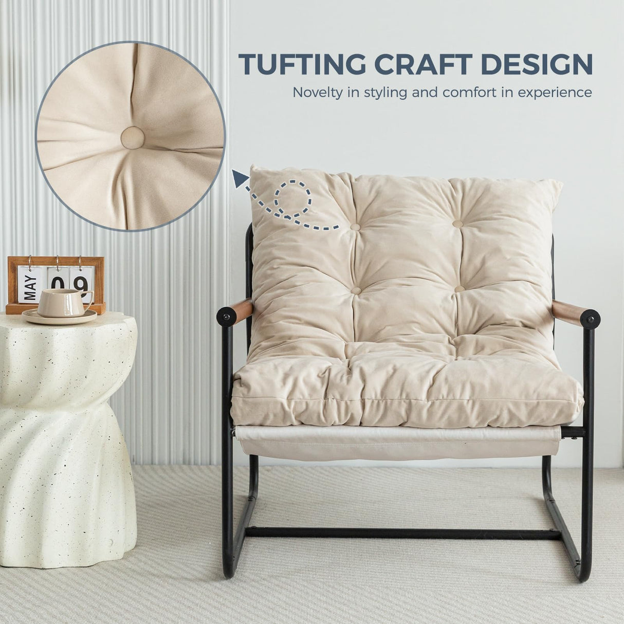 MAXYOYO Accent Chair, Velvet Arm Chair Living Room Chair with Metal Frame, Reading Accent Chair, Modern Bedroom Chair, Boucle Armchair with Wooden Arms, Beige MAXYOYO