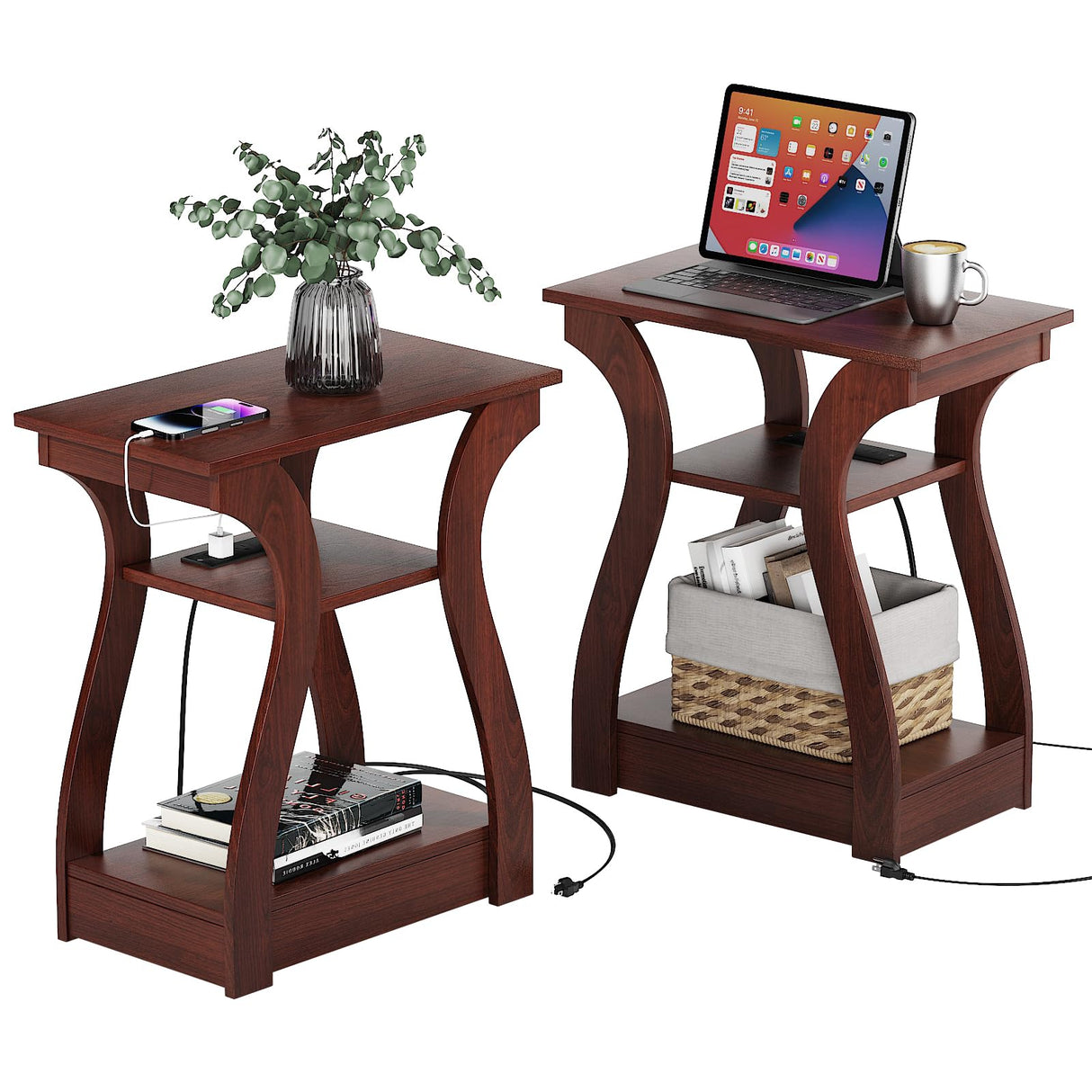FROMJBEST End table Set of 2 Side Table with Charging Station, Side Table with USB Ports and Outlets, Nightstand, 3 Tier End table with Storage Shelf for Living Room, Bedroom (Cherry) FROMJBEST