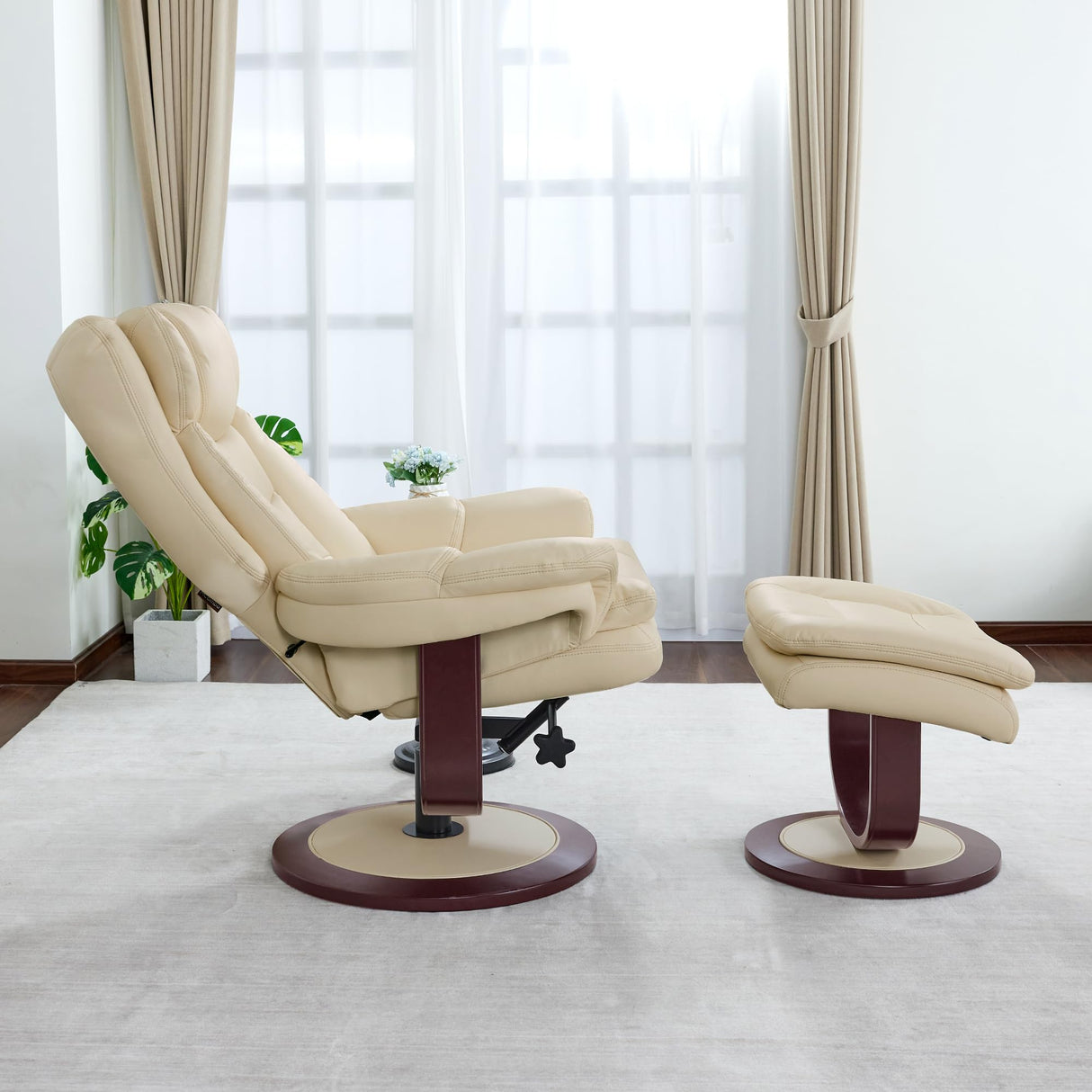 MCombo Oversized Swivel Recliner Chair with Ottoman, Adjustable Backrest, 360° Wood Base, High Seat, Faux Leather Lounge Chair for Tall Users in Living Room Office 4651 (Cream White) MCombo