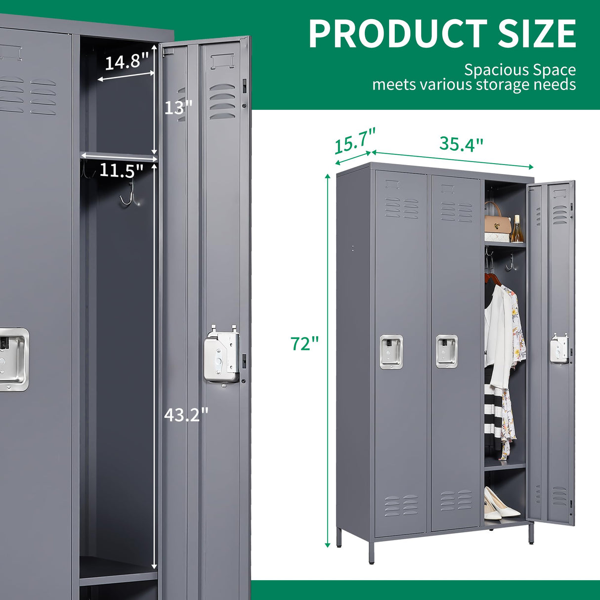IKIMI Metal Locker 3 Doors Storage Lockers for Employee,72" Tall Locker with Shelves and Hooks Steel Sports Locker for Office School Office Gym Home Garage IKIMI