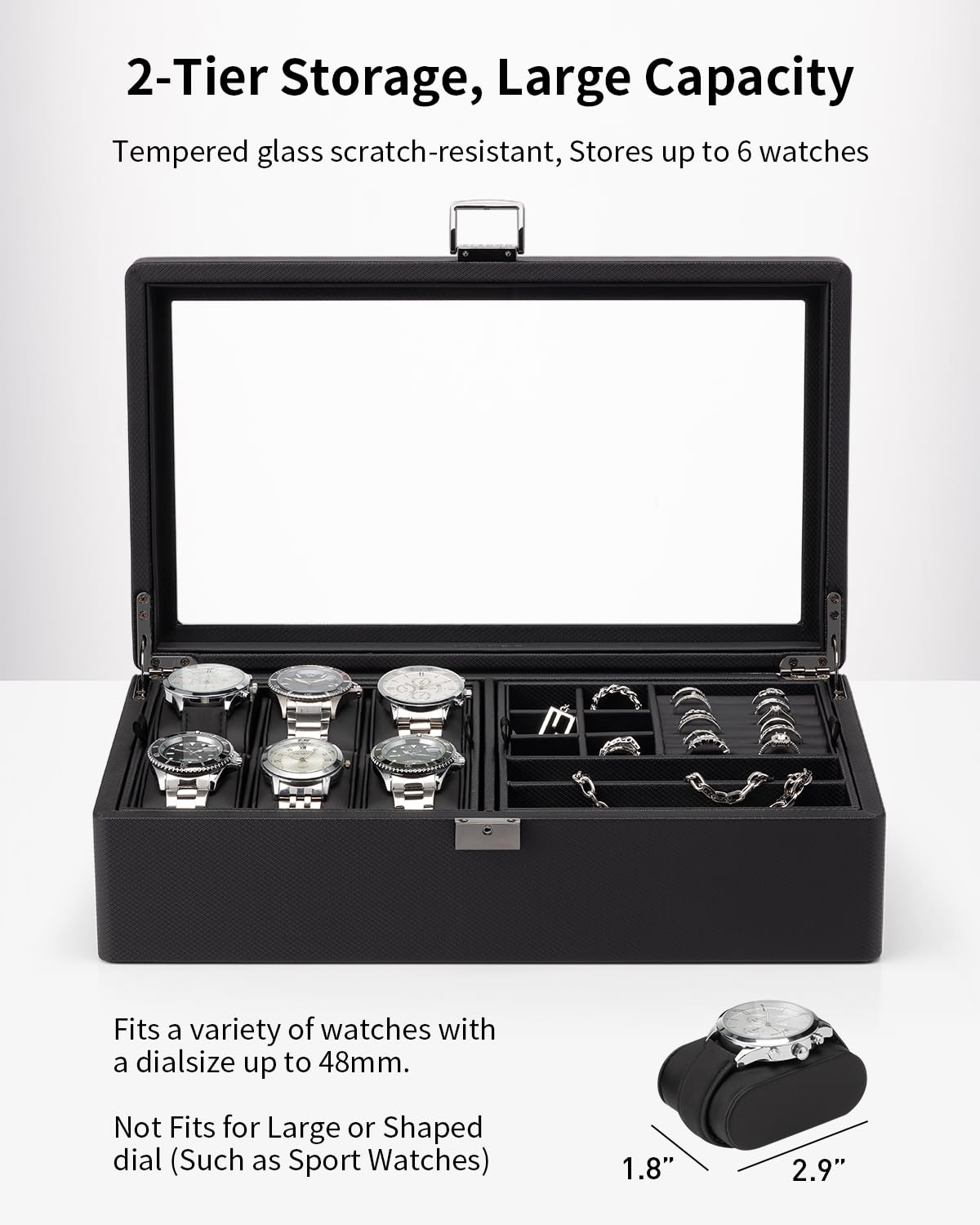 Vlando 6-Slot Watch Box Organize, Lockable Watch Case with Textured Leather, 2 Layer Watch Holder for Rings, Bracelets, Glasses, Glass Lid, Removable Divider, Gift for Fathers, Husband, Friend, Black Vlando