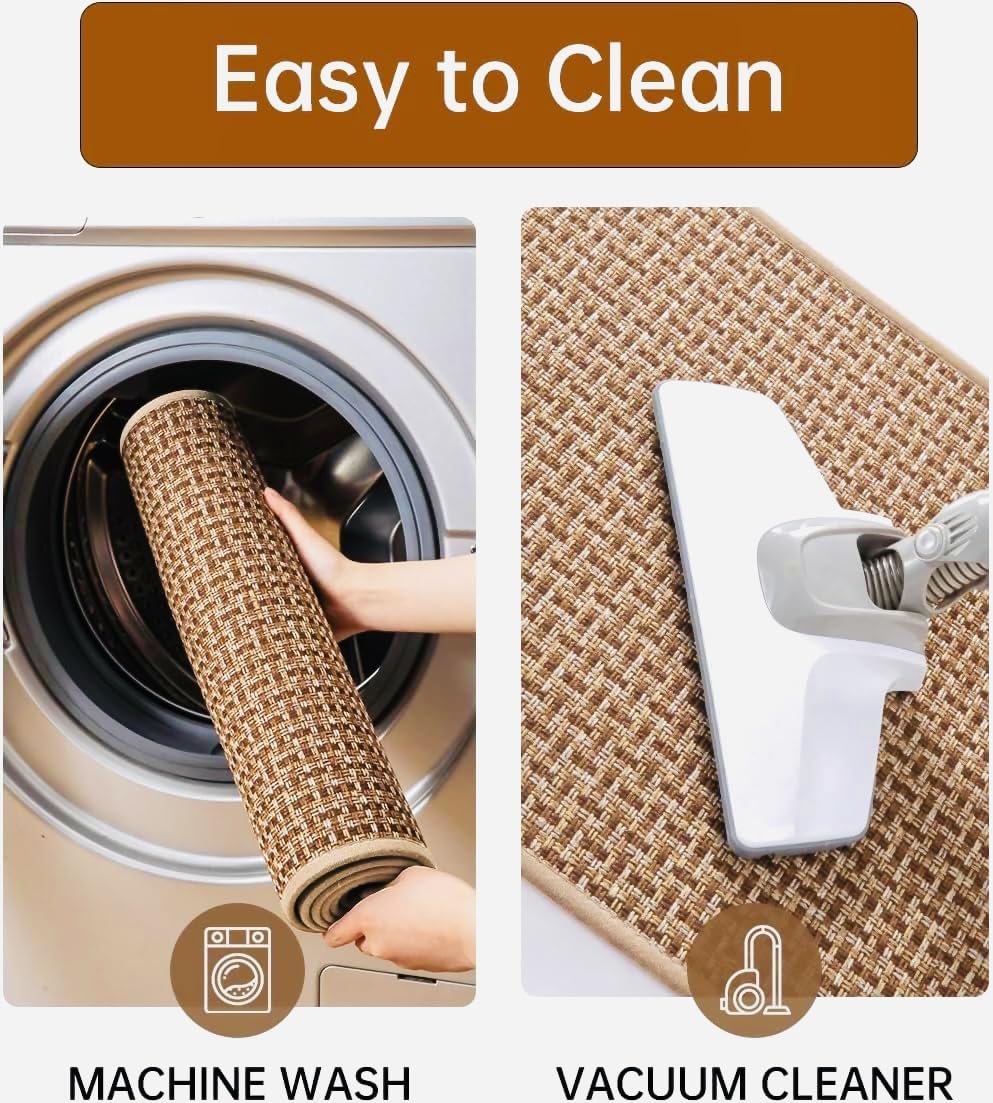 eqivei Kitchen Rugs and Mats Non Skid Washable Set of 2 PCS, Absorbent Runner Rugs for Kitchen, Farmhouse Weave Floor Mats in Front of Sink, 17.3"x 47"+17.3"x 29" (Brown) eqivei