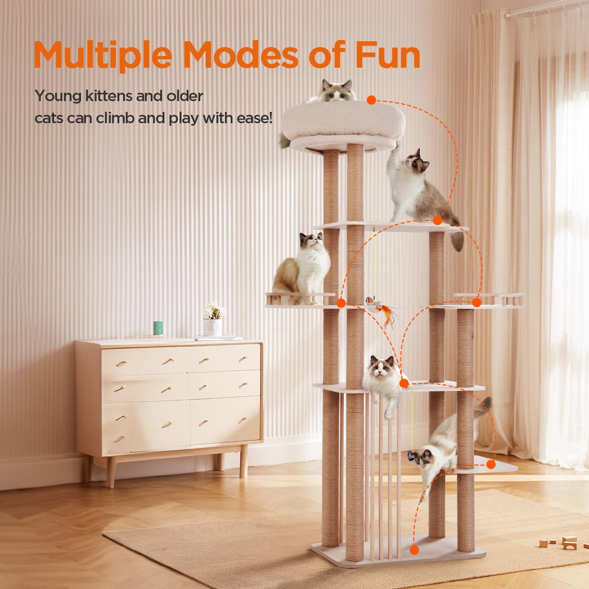 GIMU 68" Large Cat Tree, Solid Wood Multi-Level Cat Tower with Scratching Posts, Fun Toys, and Washable Plush Platform for Indoor Cats GIMU