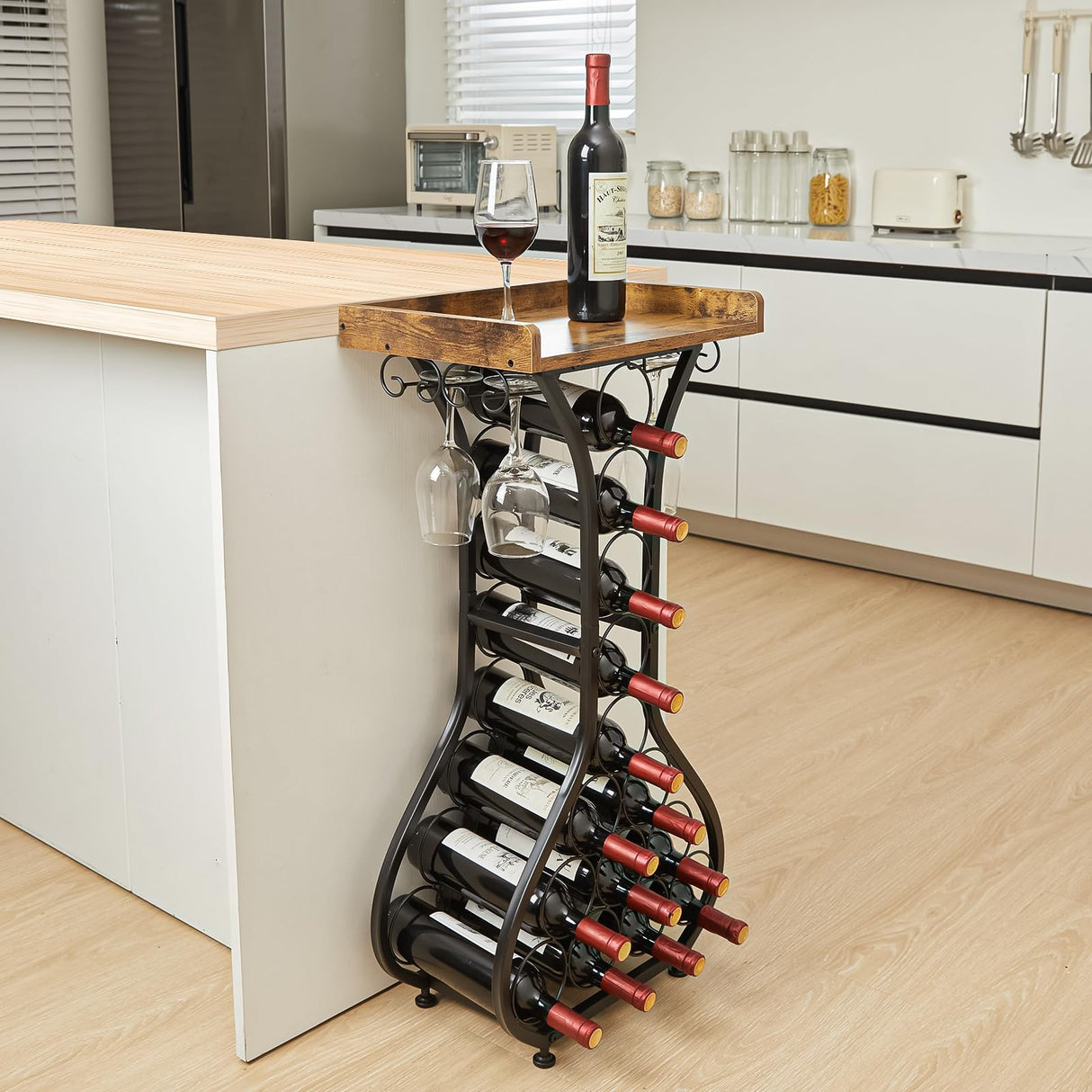 X-cosrack Wine Rack Freestanding Floor, Mini Bar Table Wine Holder Stand Liquor Cabinet with Glass Holder Wood Tabletop 14 Bottles Floor Wine Storage for Home Bar Kitchen Living Room (Patent Pending) X-cosrack