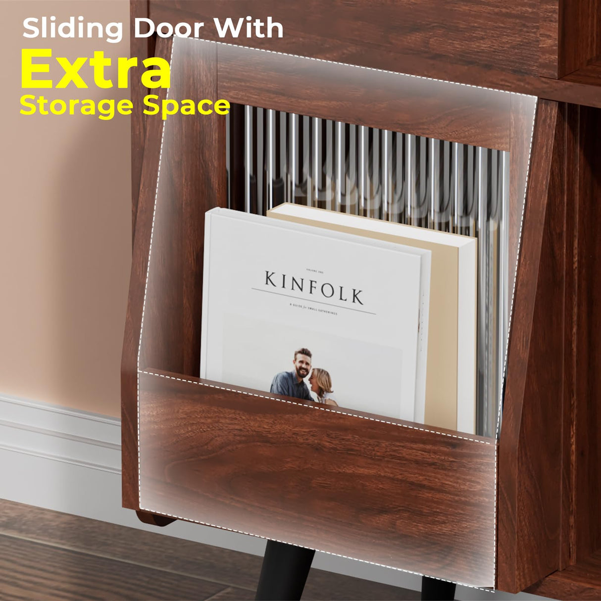 Large Record Player Stand with Sliding Door,350 Vinyl Record Storage Cabinet, Record Player Table with Power Outlet and LED Light,Turntable Stand with Wood Legs for Living Room,Bedroom,Office Bonvork