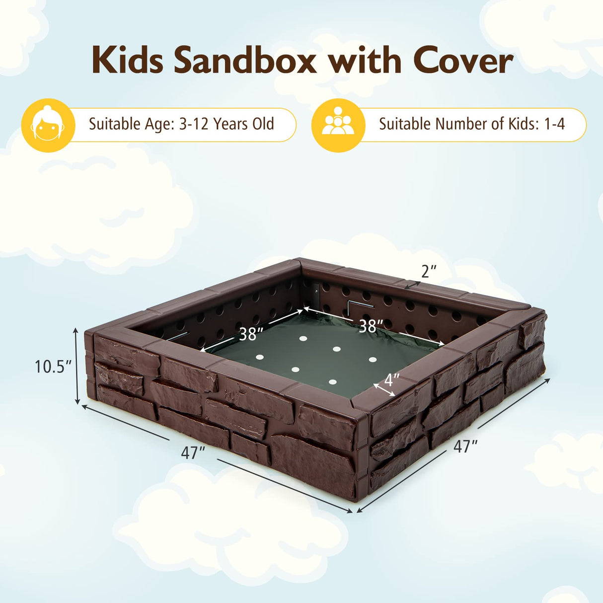 Costzon Kids Sandbox with Cover, 47"x 47" HDPE Sand Box w/Oxford Cover, Bottom Liner, Reinforced Structure, Weather Resistant Outdoor Sand Pit for Backyard Lawn Garden Beach (Brown) Costzon