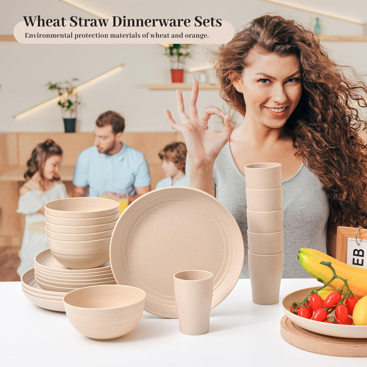 24 - Piece Wheat Straw Dinnerware Set - Plates and Bowls for 6, Unbreakable, Dishwasher & Microwave Safe, Reusable, Lightweight Tableware, Ideal for Camping and Everyday Use (Beige) JZ