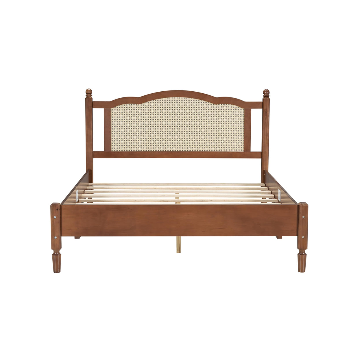 Merax Queen Bed Frame with Rattan Headboard, Vintage Farmhouse Wooden Platform Beds for Bedroom and Guest Room, No Box Spring Needed, Walnut Merax