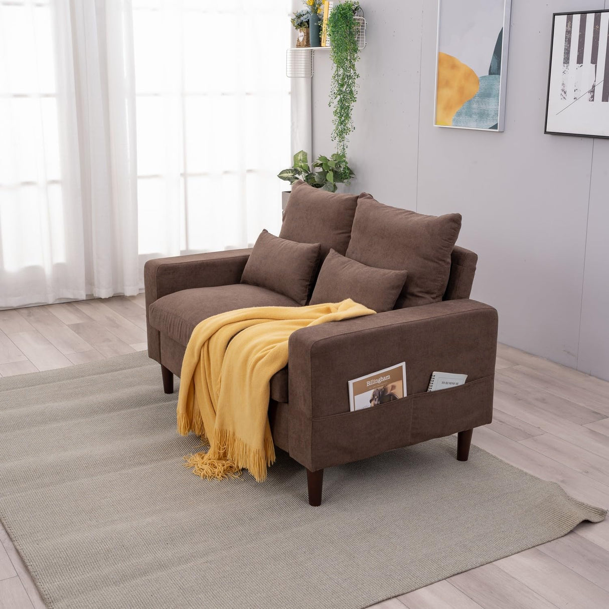 Panana Modern Sofa 54.5" Loveseat Couch with Cushion Back and Arms, 2 Seater Sold Wood Legs Sofa (Brown Linen, Track arm) Panana