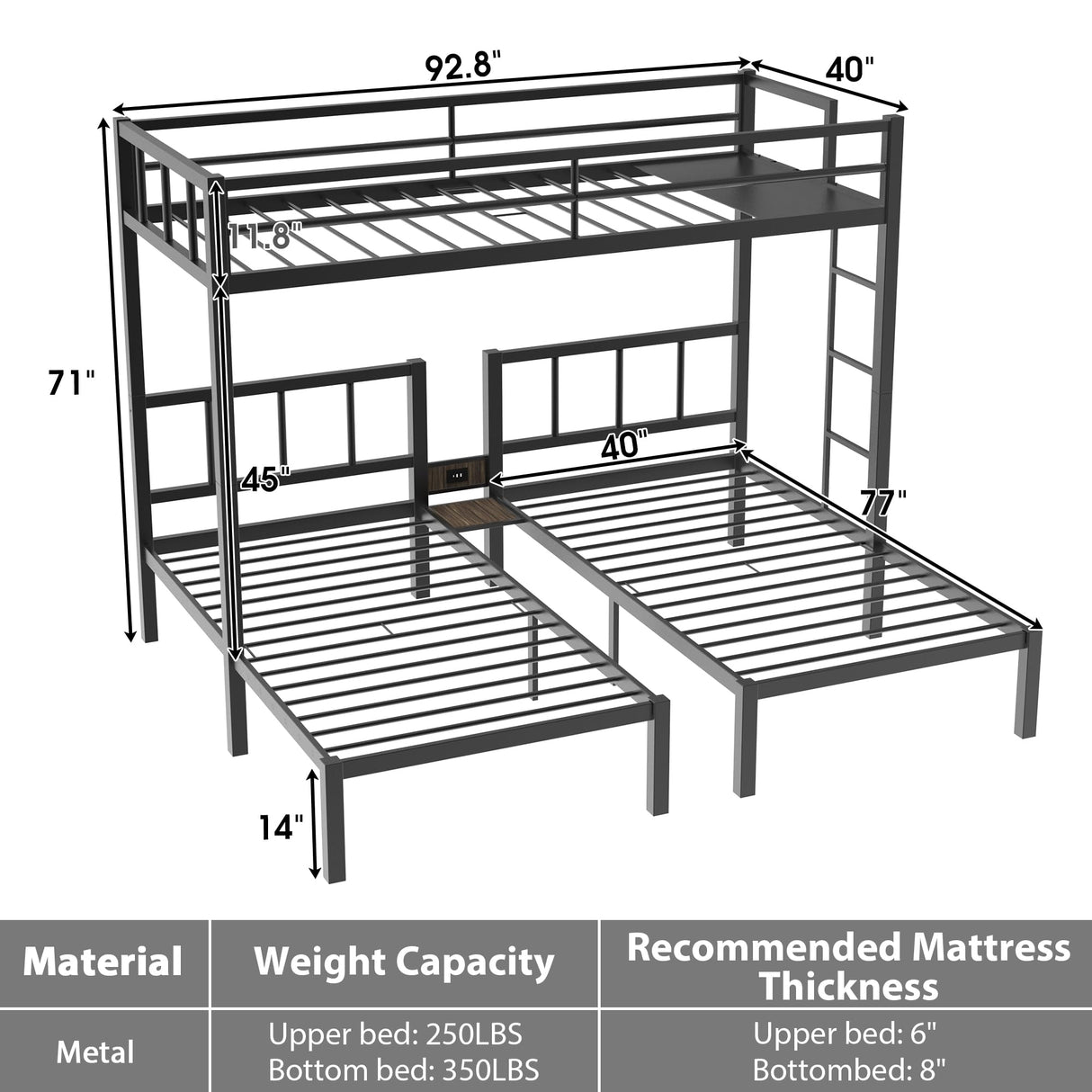 DreamBuck Triple Bunk Bed with Charging Station, Twin Over Twin Over Twin Metal Bunk Bed with Ladder, Guardrail & Storage Shelf, Convertible 3 Bunk Beds for Kids & Adults, Black DreamBuck