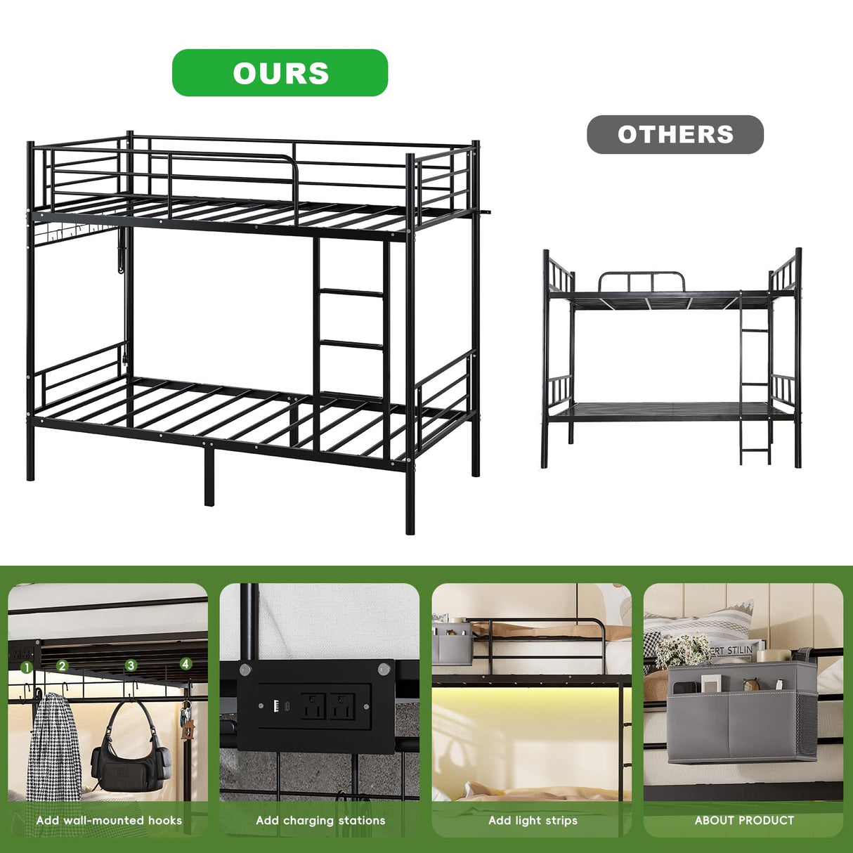 LIPIGE Bunk Bed Twin Over Twin,Metal Bunk Beds with Power Outlet and LED Lights,Heavy-Duty Safety Rails Ladder,Space-Saving Design with Storage Hooks,440lbs Capacity for Adults,Black LIPIGE