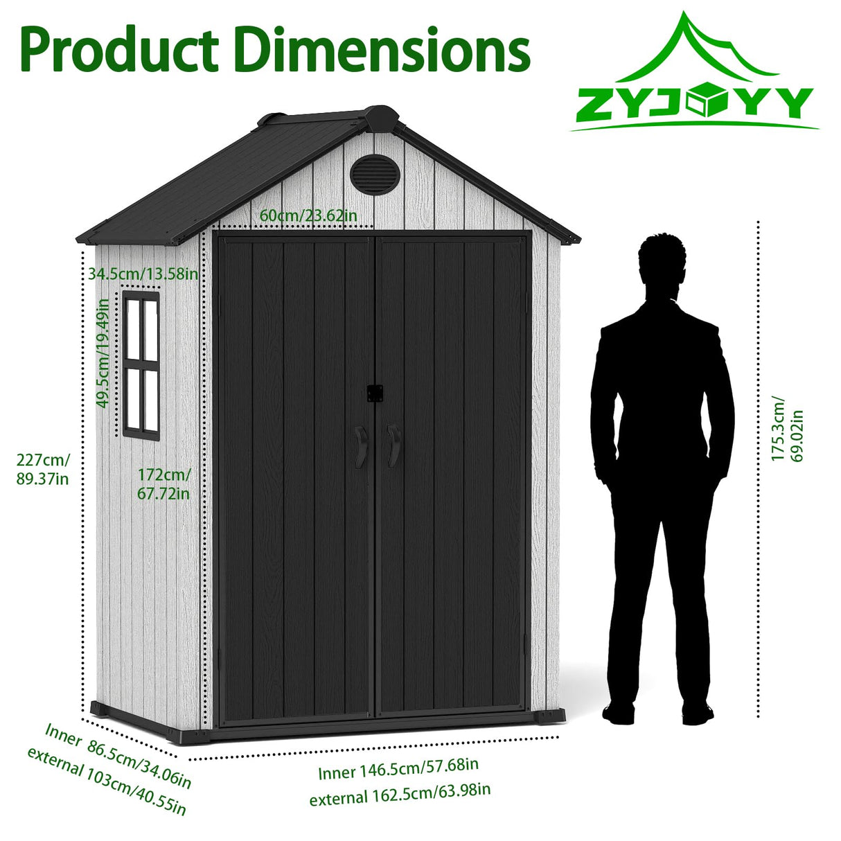 ZYJOYY 6x4 FT Resin Storage Shed,Lockable Door, and Vents for Garden, Backyard, Patio, Lawn,Grey Black ZYJOYY