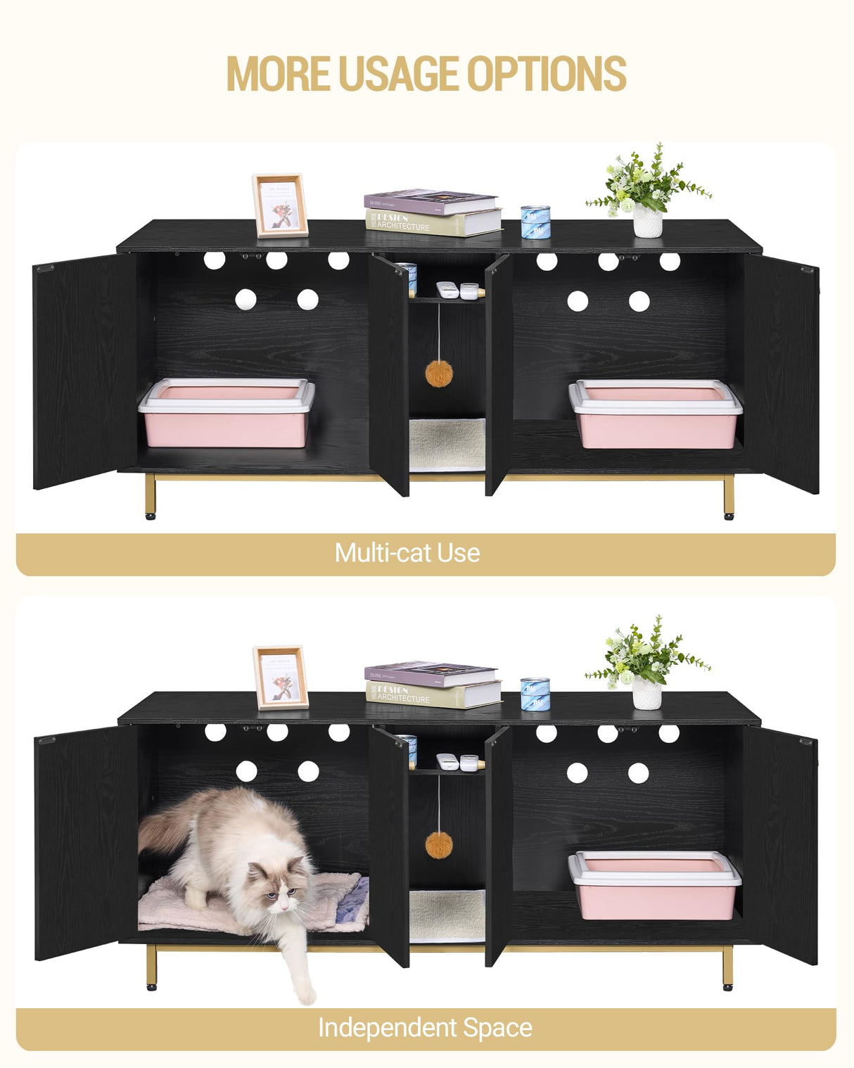 Hzuaneri Cat Litter Box Enclosure, Hidden Litter Box Furniture, Wooden Pet House Side End Table, Storage Cabinet Bench for Living Room, Bedroom, 55.2 x 20 x 23.9 inches, Black and Gold CB81504A Hzuaneri