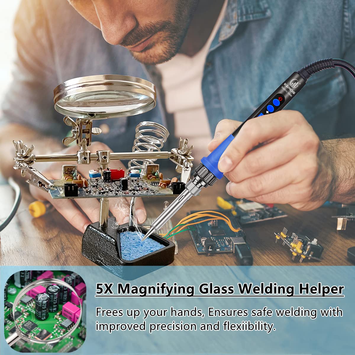 KEPIOG Soldering Iron Kit, High Power 100W Soldering Iron Fast Heating, Circuit Board Soldering Repair Tools with Magnifying Glass Soldering Helper, 12 in 1 Adjustable Digital Soldering Kit. KEPIOG