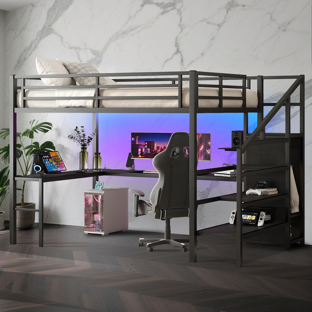 Full Size Metal Loft Bed Heavy-Duty Loft Bed Frame, LED Loft Bed Frame with L Shaped Desk, Wardrobe, Storage Stairs, Charging Station & Safety Guard for Kids Girls Boys, Space-Saving/Noise Reduced NicBex