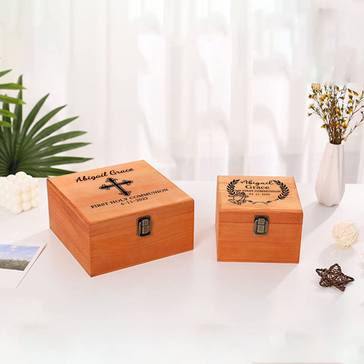 First Communion Gifts for Boys Girls Personalized Wooden Keepsake Box Custom Name Date Cross, First Holy Communion Gifts 1st Communion Gifts Customized Wood Memory Box with Lids Cooayyaooc