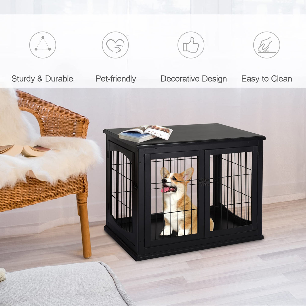 PawHut Dog Crate Furniture, Small Dog Cage End Table with Two Opening Sides, Lockable Door, Puppy Kennel Indoor, Cute and Decorative, Black PawHut