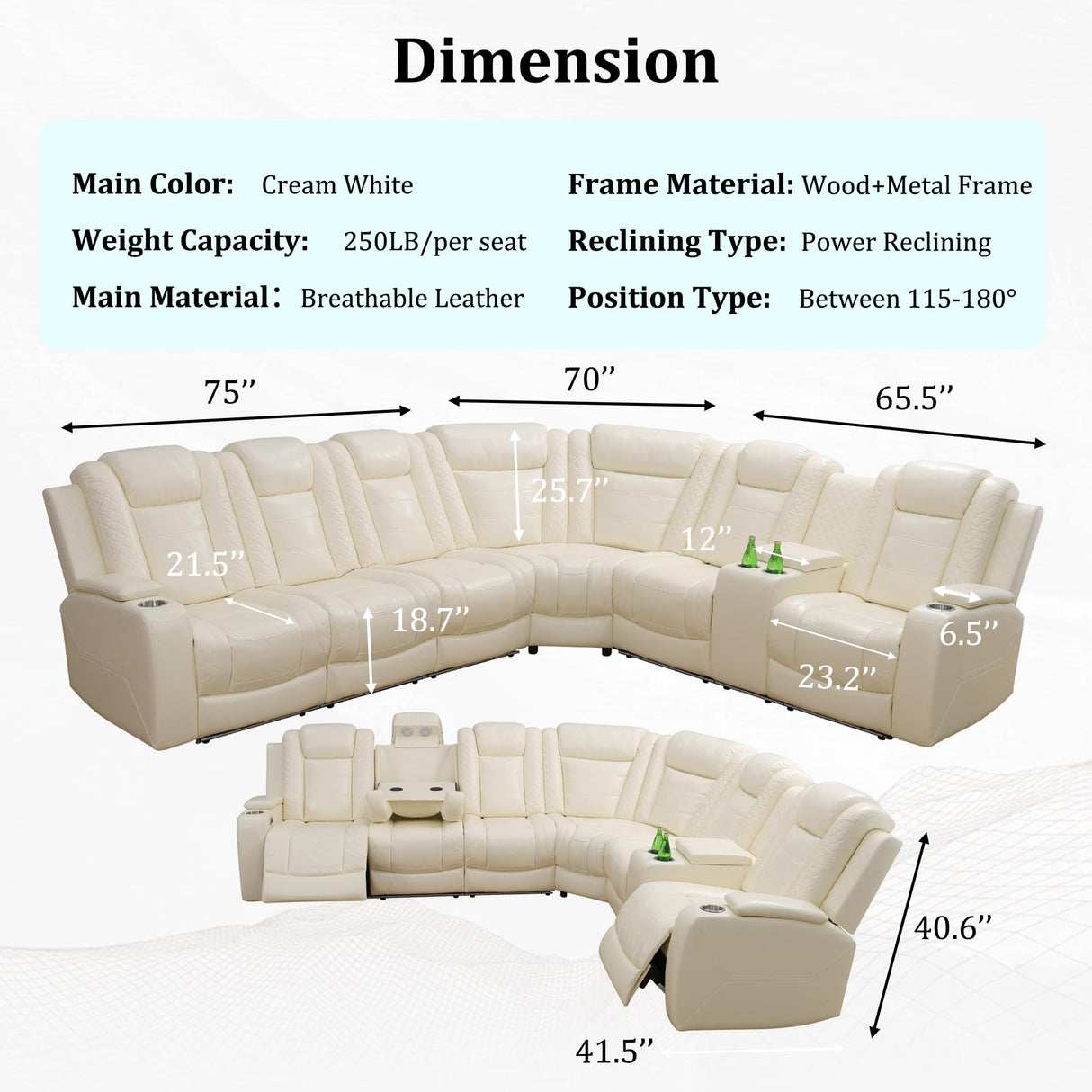 Ocstta Power Reclining Sectional Sofa Breathing Leather Sectional with Recliner, LED Light, Cup Holders and Storage 6 Seats L Shaped Recliner Couch for Home Theater Seating (Cream White) Ocstta