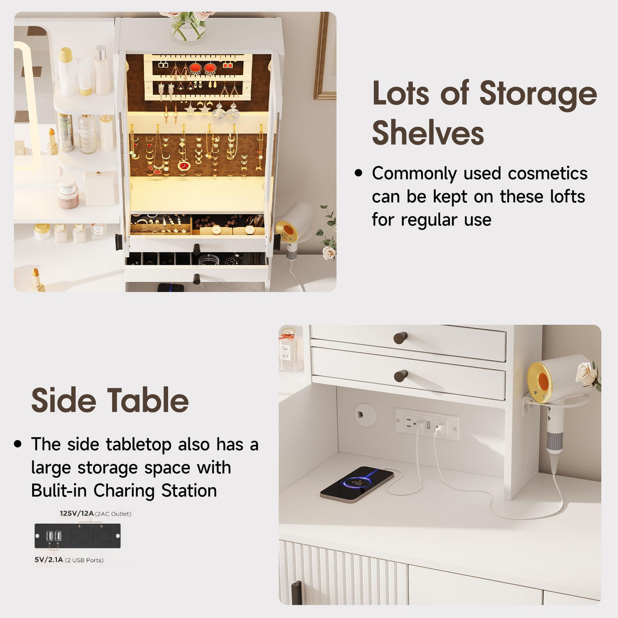 Vabches 57" Large Vanity Desk with Mirror and Lights,White Makeup Vanity Table with Jewelry Cabinet & 7 Drawers,Modern Dressing Table with Charing Sation & Shelves for Bedroom Vabches