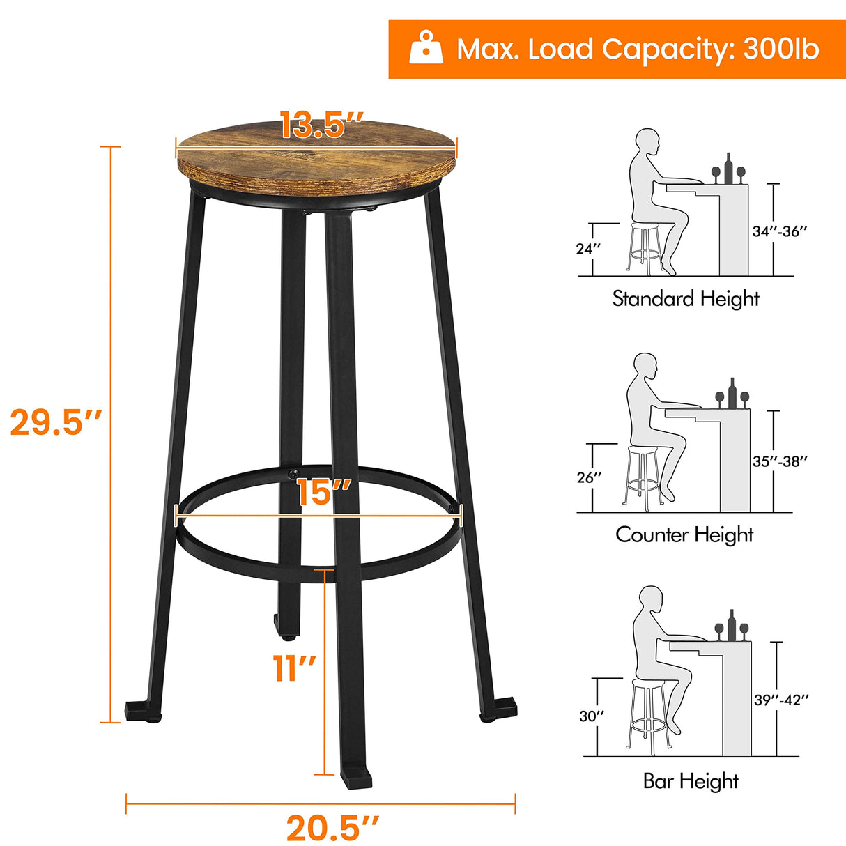 Yaheetech 29.5 inch Bar Stools Set of 2 Bar Height Stools Industrial Tall Bar Chair Round Backless Counter Stools with Metal Legs for Dining Room/Living Room/Kitchen Counter Rustic Brown Yaheetech
