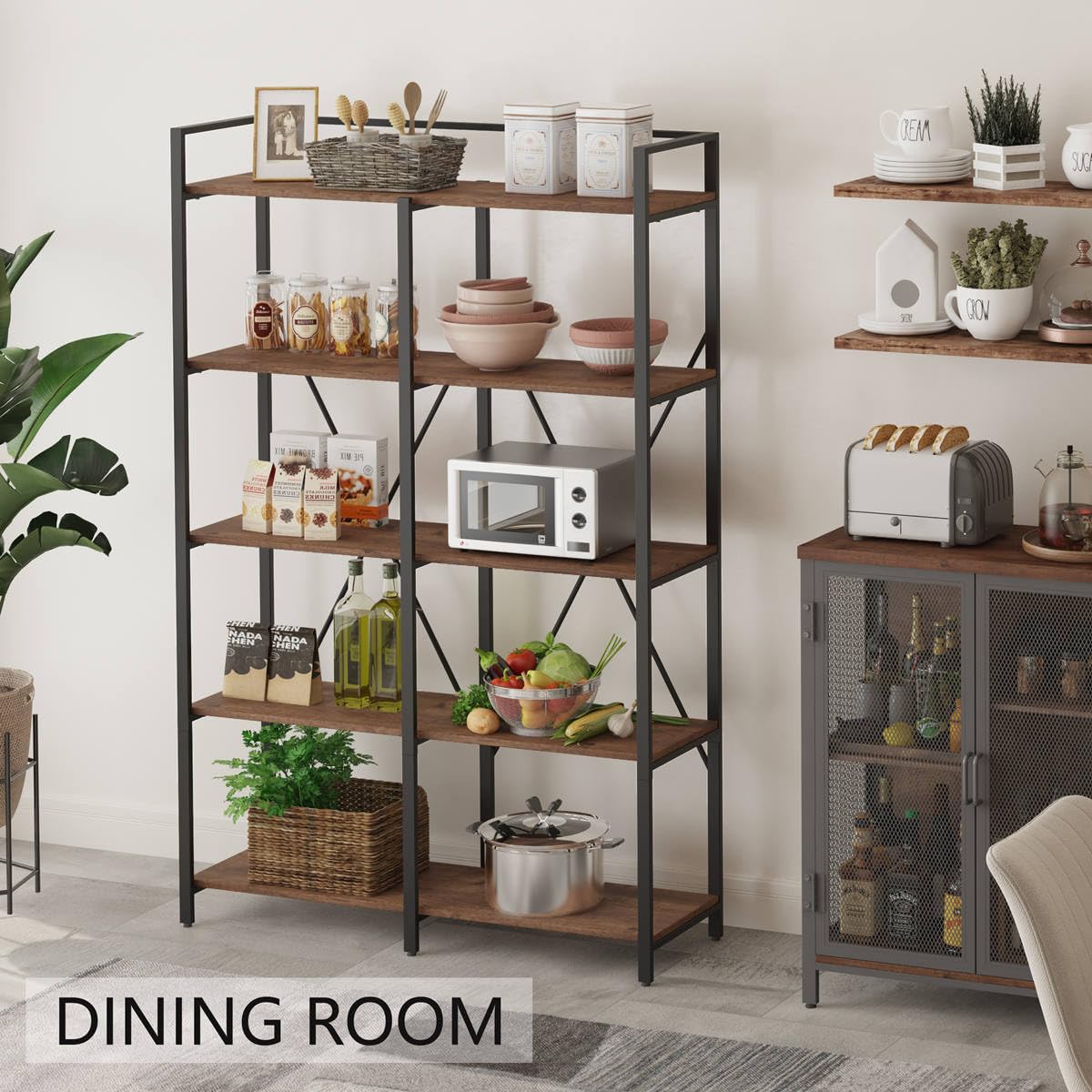 BON AUGURE Industrial Bookshelf, Bookcases and Bookshelves Etagere, Tall Large Farmhouse Book Shelves, 5 Tier Open Bookcase, Wood Metal Shelving Unit for Bedroom, Office (Rustic Oak) BON AUGURE