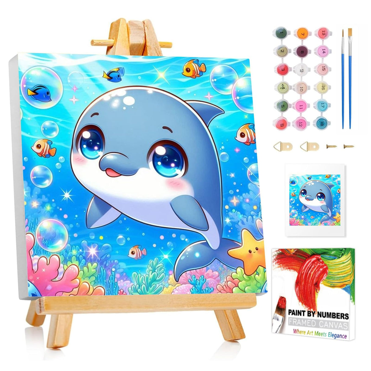 XTCIXAL Paint by Numbers Kit for Kids with Frame, Dolphin Paint by Number Kids Age 5-8-12, Paint by Number with Frame for Gifts and Home Decor 8X8 Inch XTCIXAL