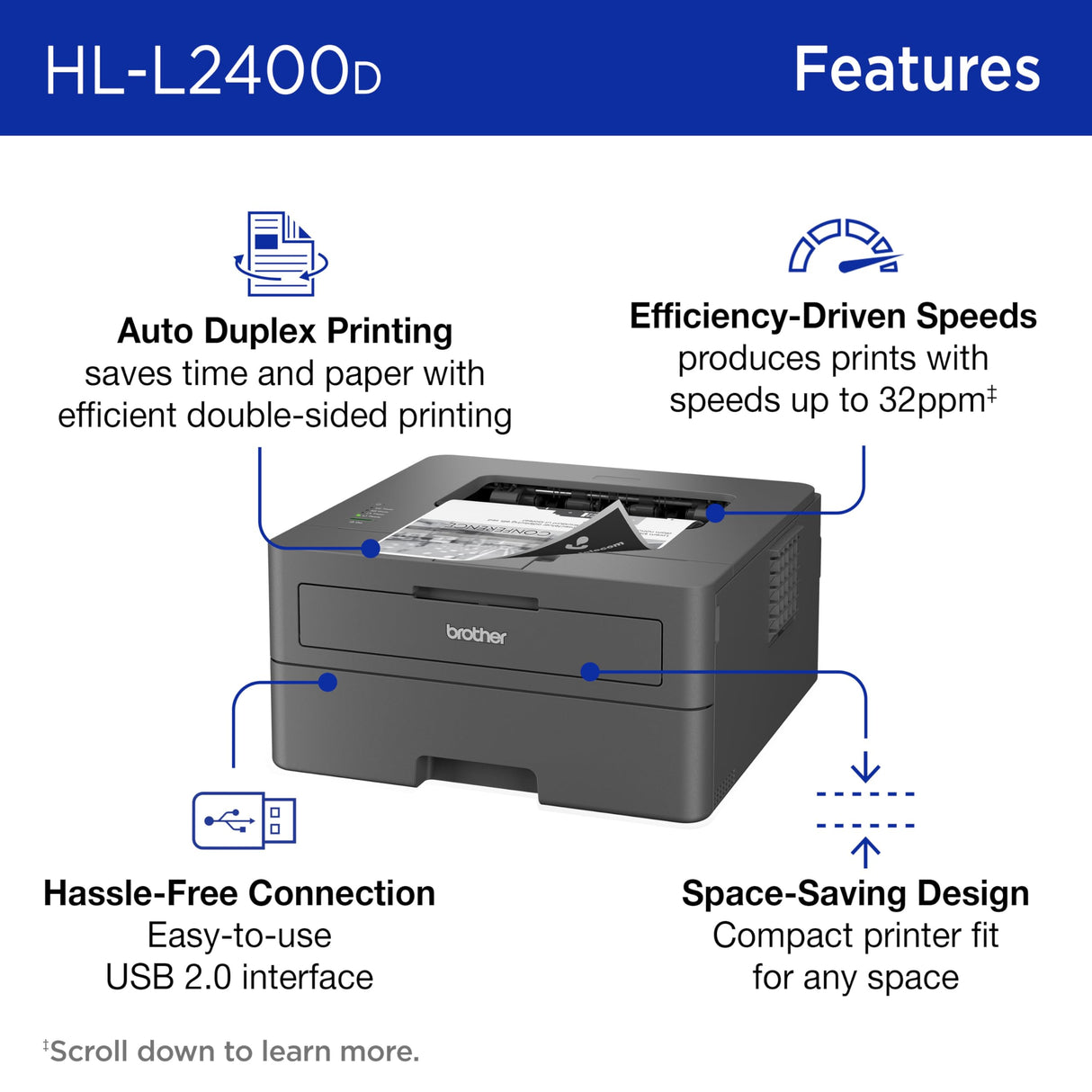 Brother HL-L2400D Compact Monochrome Laser Printer with Duplex Printing, USB Required (Cable not Included), Black & White Output Brother
