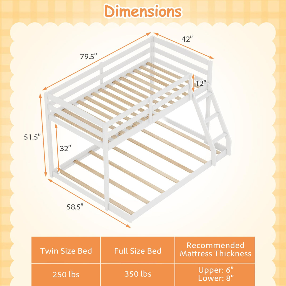 KOMFOTT Low Bunk Bed Twin Over Full, Solid Wood Twin Bed Frame with Built-in Ladder & Safety Guardrails, Space-Saving Low Bunk Bed for Kids, Teens, No Box Spring Needed KOMFOTT