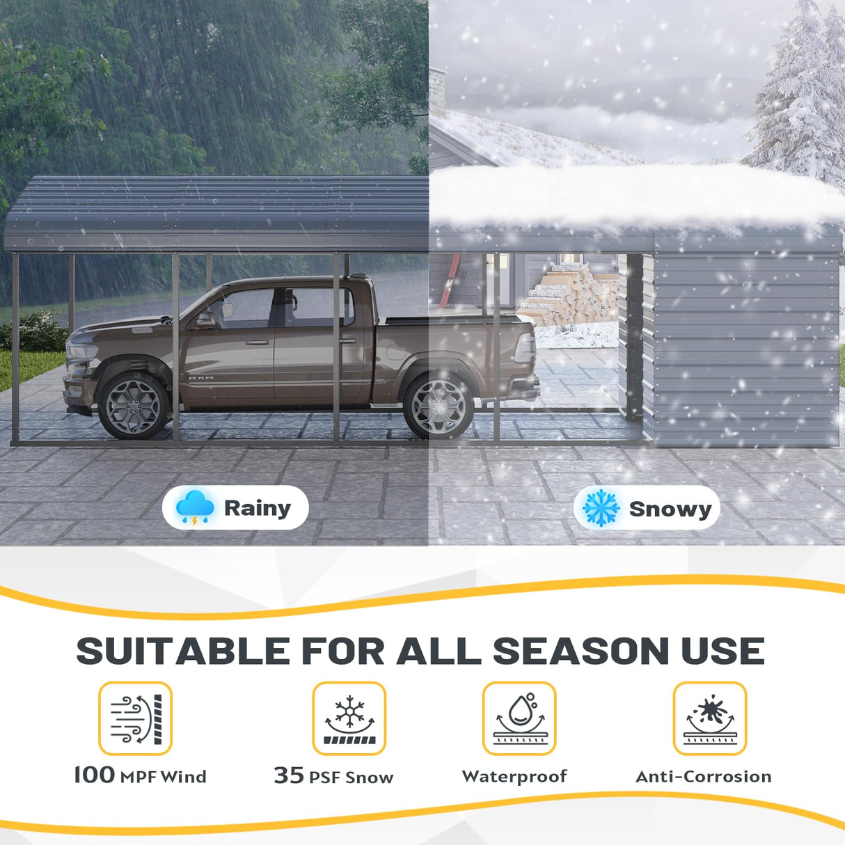 EROMMY 10x25 FT Carport Storage Shed 2-in-1, Heavy Duty Car Port with Galvanized Metal Frame, Base-Reinforced Enclosed Storage Shelter, Extended Coverage for Trucks, Cars & All Vehicles, Gray EROMMY