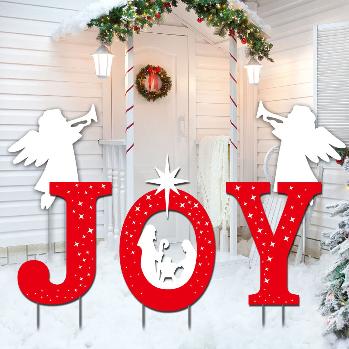 Outdoor Christmas Decorations -Joy Nativity Sets for Christmas Outdoor Xmas Nativity Lawn Religious Scenes Yard Decor with Stake for Home Lawn Pathway Walkway, Red, White mishunyus