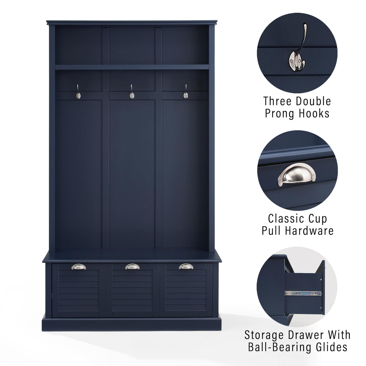 Crosley Furniture Ellison Hall Tree with Storage Bench and Coat Rack Hooks for Hanging, Navy Crosley Furniture