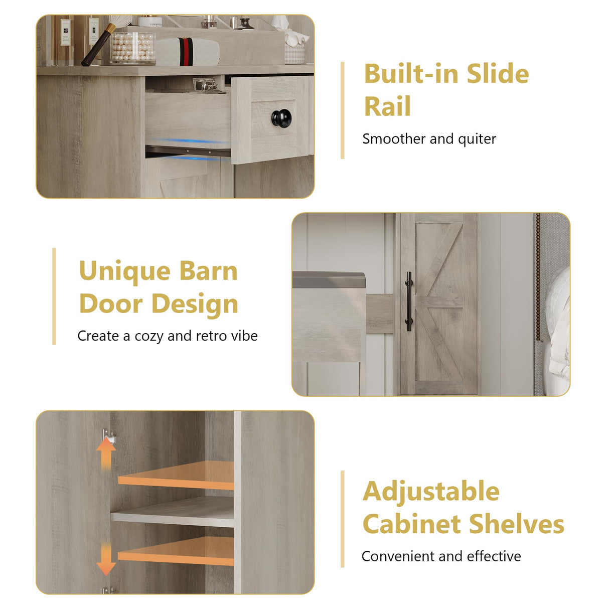 Vanity Makeup Desk with Mirror and Lights, Farmhouse Vanity Table Set with Storage Drawers, Charging Station & Chair, 43" Large Rustic Dressing Table, 3 Lighting Modes for Women Girls Bedroom, Grey Xixini