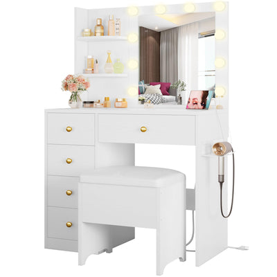 IRONCK Vanity Desk with Mirror and Lights, Small Makeup Vanity Table with 5 Drawers, Power Outlet, and Vanity Stool, 3 Lighting Colors, Dressing Table for Women Girls Bedroom, White