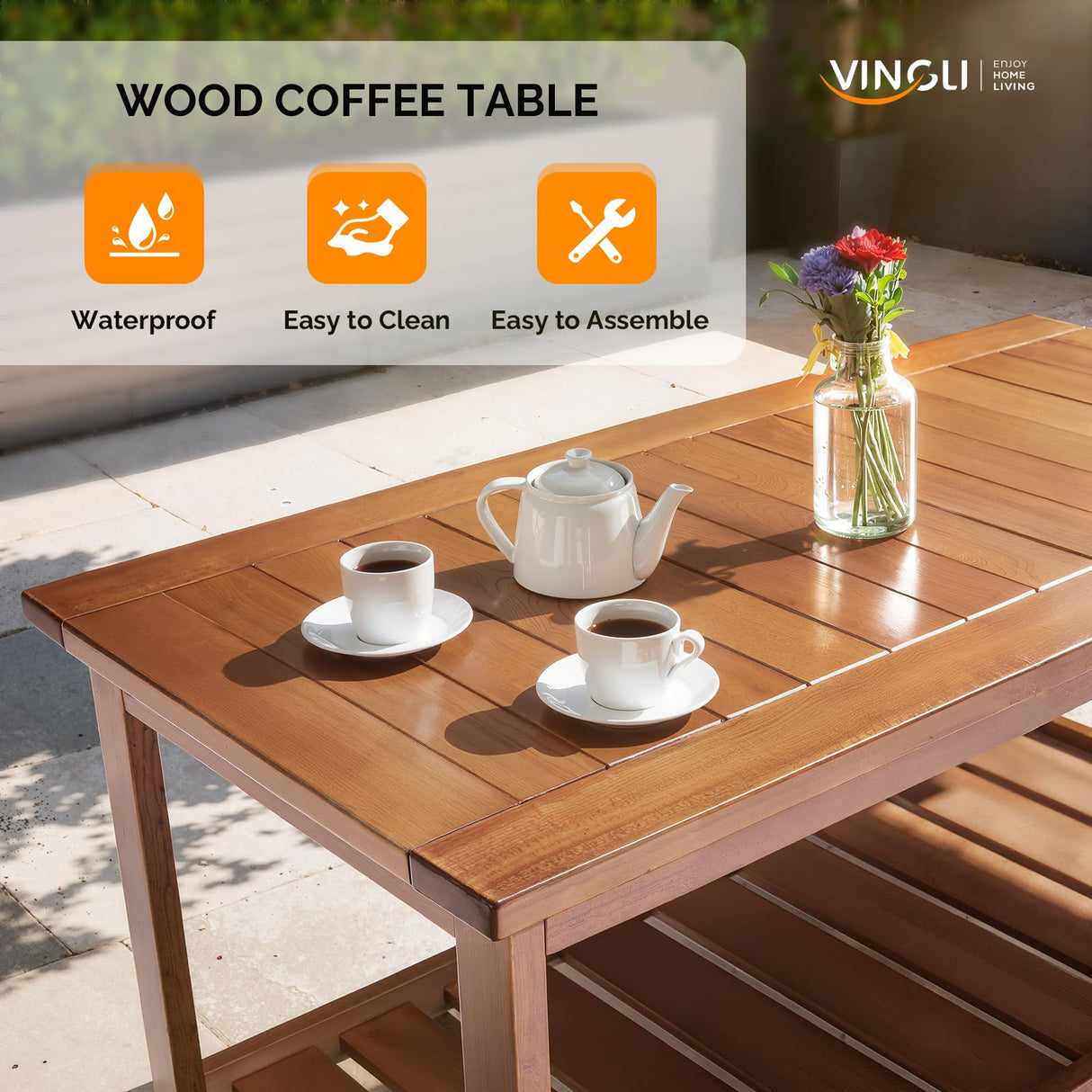 VINGLI Outdoor Wooden Coffee Table, 2-Tier Storage Rectangle Patio Coffee Table for Outside, Solid Wood Low Outdoor Table for Balcony Porch and Deck VINGLI