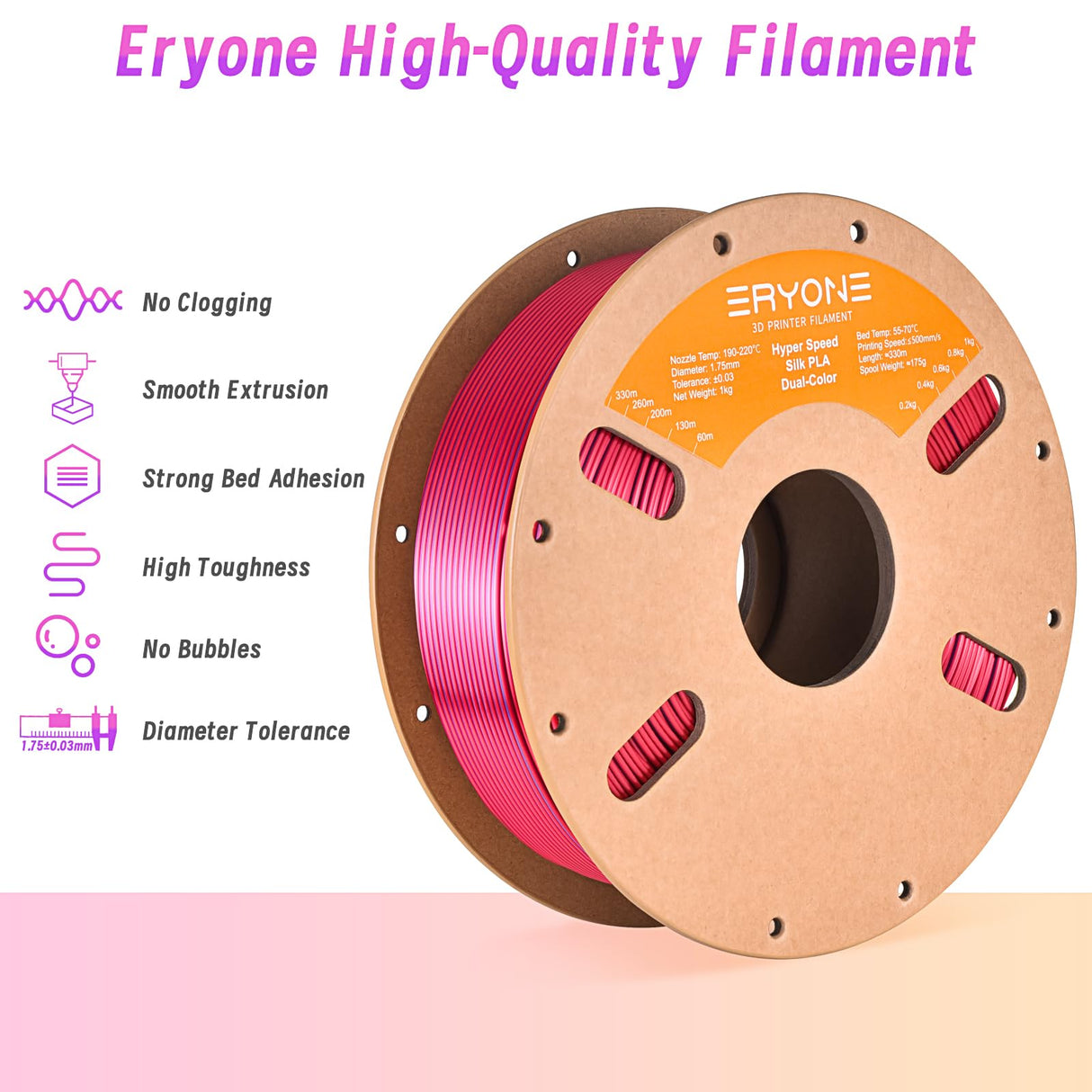 ERYONE High Speed Filament Silk Dual Color 1.75mm +/- 0.03mm, 3D Printing PLA Pro Filament Fit Most FDM Printer, 1kg (2.2LBS) / Spool, Blue & Red ERYONE