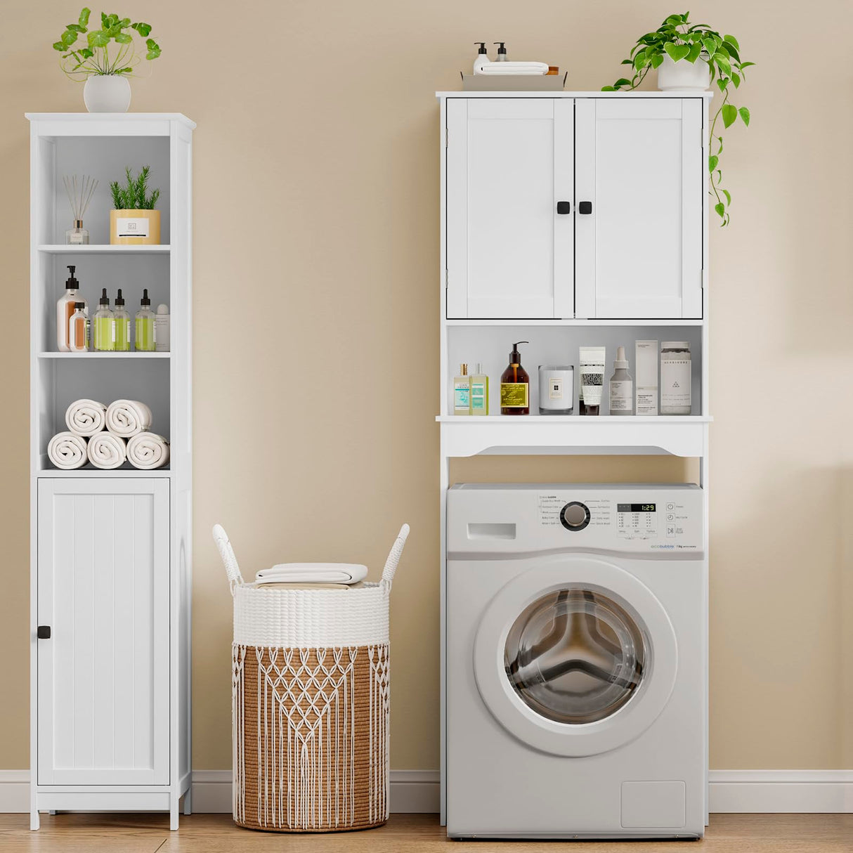 RRX Over The Toilet Storage Cabinet,Bathroom Above Toilet Cabinets Organizer, 24.8" L x 9.1 "W x 65.7 "H Free Standing Toilet Rack with Adjustable Shelf and Open Storage,Double Doors, White RRX