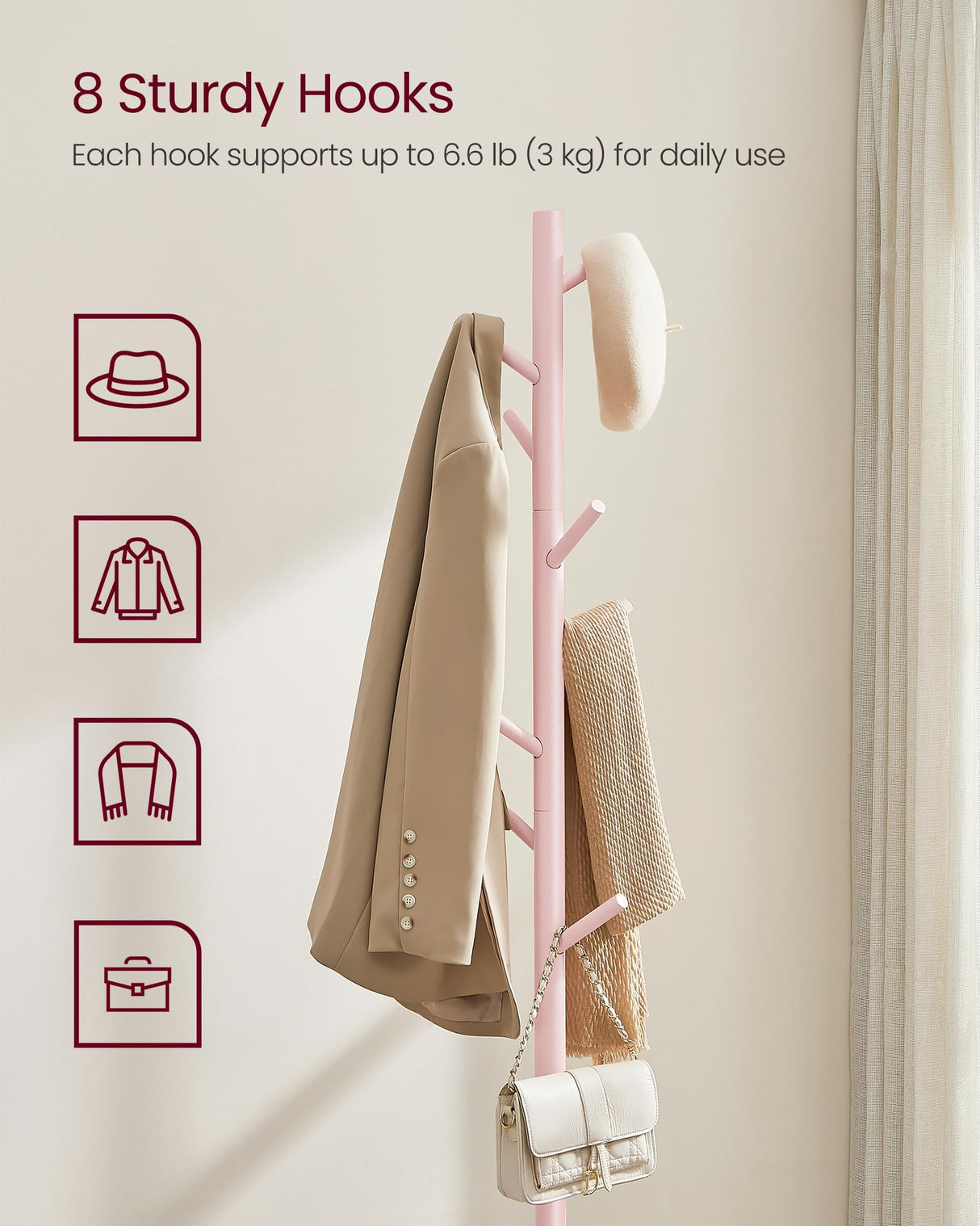 VASAGLE Solid Wood Coat Rack, Free Standing Coat Rack, Tree-Shaped Coat Rack with 8 Hooks, 3 Height Options, for Clothes, Hats, Bags, for Living Room, Bedroom, Home Office, Jelly Pink URCR004R01 VASAGLE
