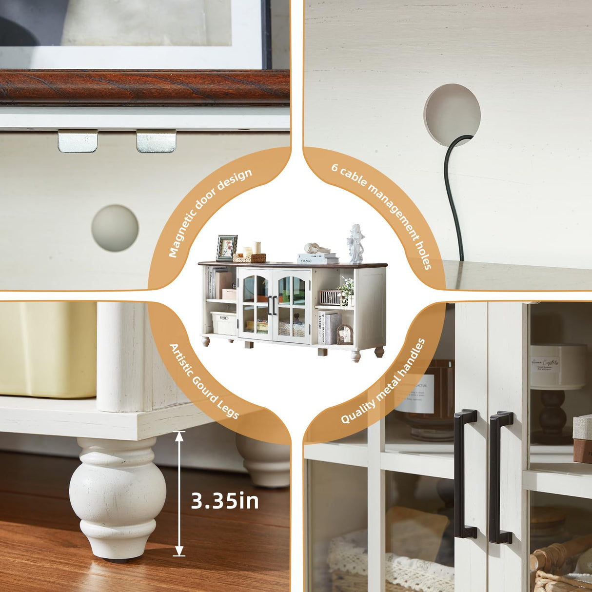 RWYHG Farmhouse TV Stand for 65 Inch TV, Wood Entertainment Center with Adjustable Shelves & Glass Door Storage Cabinet,Television Stands for 70" TVS,TV Console Table for Living Room,Bedroom,White RWYHG