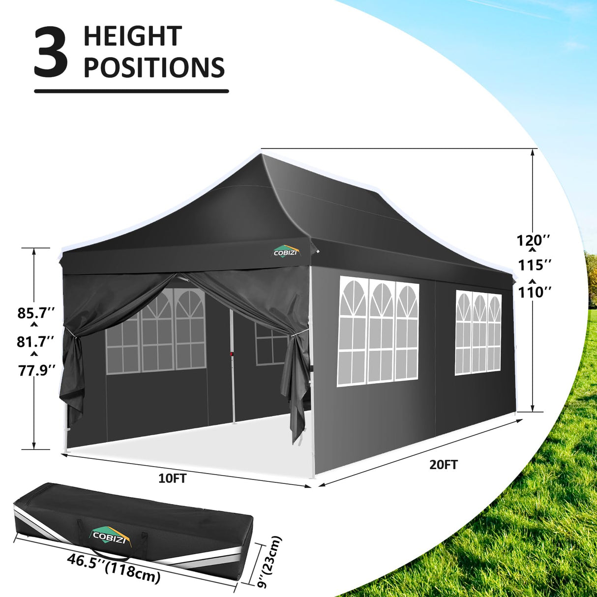 COBIZI 10x20ft Pop Up Canopy Tent with 6 Removable Sidewalls, Easy Up Commercial Canopy, Waterproof and UV50+ Gazebo with Portable Bag, Adjustable Leg Heights,Party Tents for Parties, with 4 Sandbags COBIZI