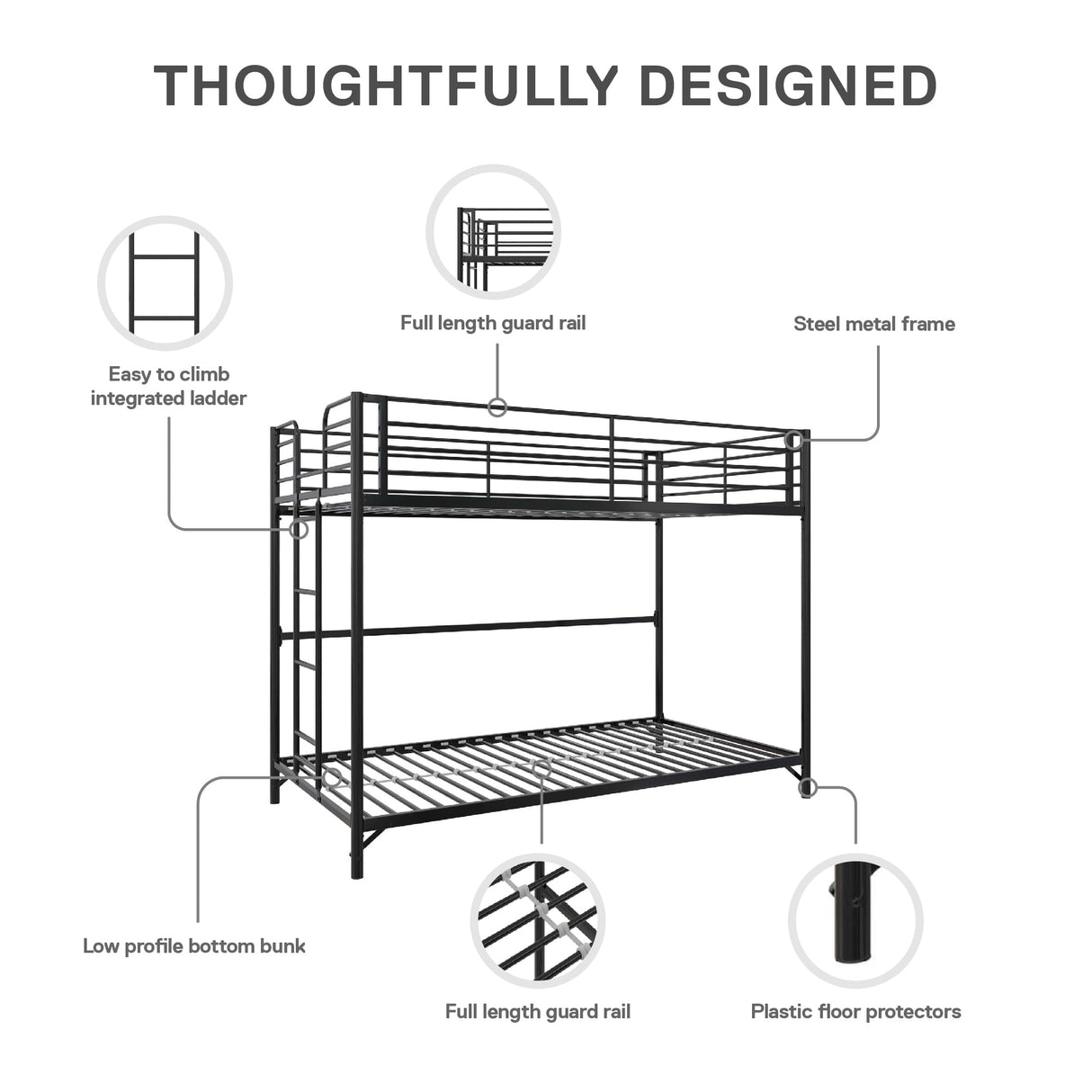 DHP Daven Easy Assembly Metal Bunk Bed for Kids, Teens and Adults, with Ladder, High Guardrail, Metal Slats, Smooth Rounded Edges, No Boxspring Required, Twin-Over-Twin, Black DHP
