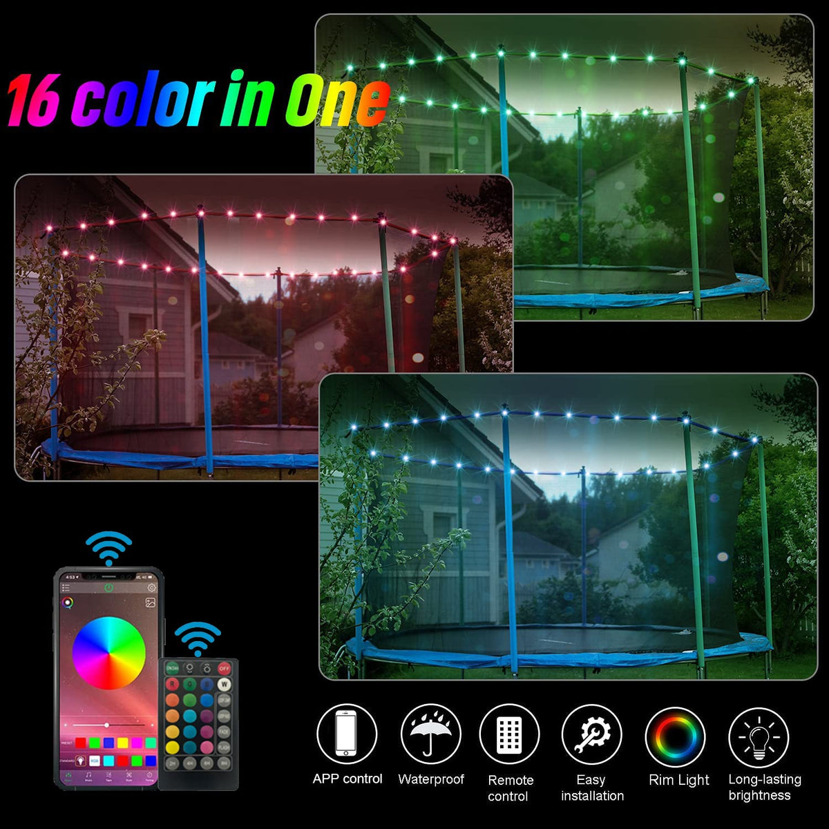 【Upgraded APP Control Version】 LED Trampoline Lights, APP and Remote Control Trampoline Rim LED Light for 14Ft Trampoline, C Battery Box, 16 Color Change, Waterproof, Bright to Play at Night Outdoors Eliteemo